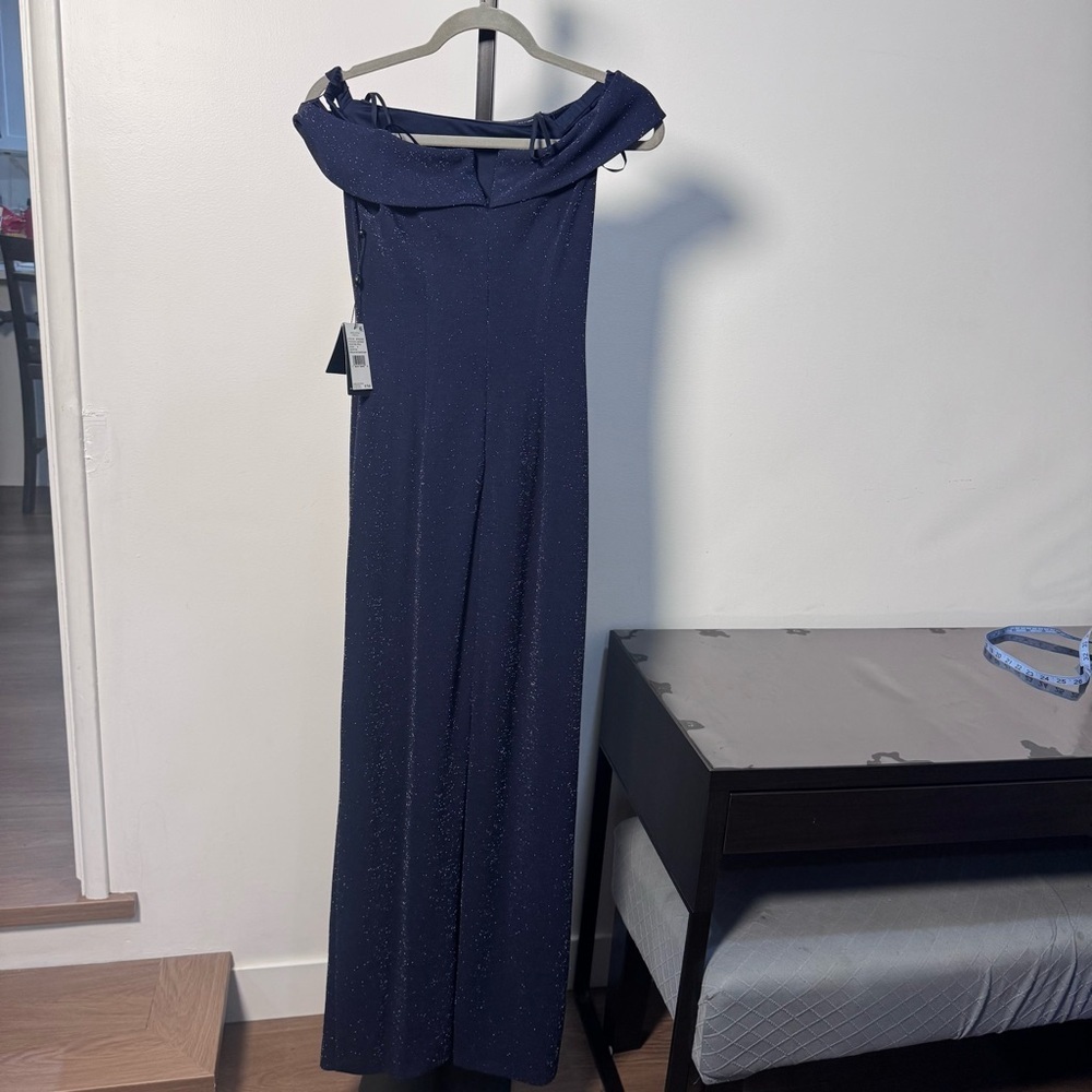 Adrianna Papell Off-Shoulder metallic knit draped Sparkle Evening Gown navy - Picture 8 of 13